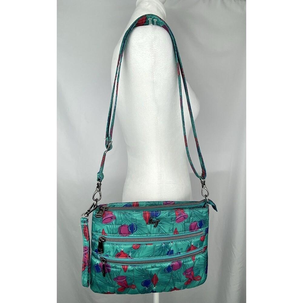 LUG Womens Dazzle Crossbody Bag Teal Pine Ornaments Bells Quilted Holiday RFID‎